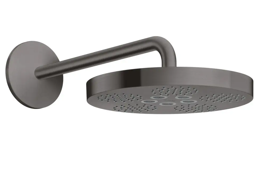 Kopfbrause in Brushed Black Chrome von AXOR mit rundem, flachem Design und mehreren Wasserstrahlöffnungen, montiert an einem stabilen Brausearm.